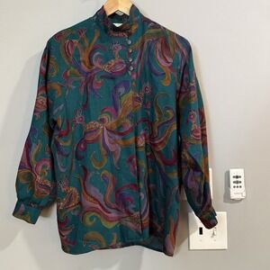 Geiger Top Paisley Vintage Wool Blouse Hidden Buttons Tunic Womens L/XL‎
